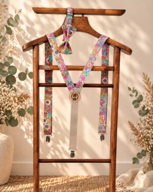 Noeud papillon et bretelles pour homme Liberty ciara violet, rose et turquoise, mariage, made in France, fabriqué en Occitanie
