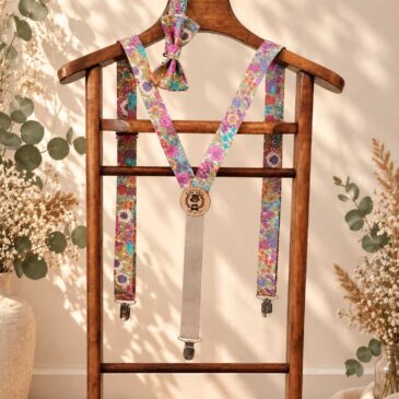 Noeud papillon et bretelles pour homme Liberty ciara violet, rose et turquoise, mariage, made in France, fabriqué en Occitanie