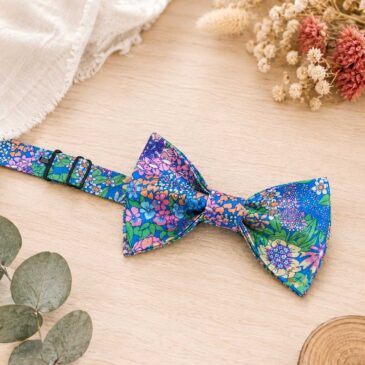 Noeud papillon pour homme Liberty english fields, turquoise et rose mariage, made in France, fabriqué en Occitanie