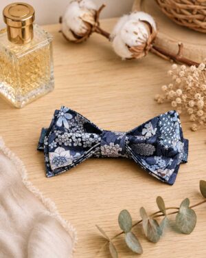 Noeud papillon pour homme Liberty ciara ciel etoilée, bleu marine et argent, mariage, made in France, fabriqué en Occitanie