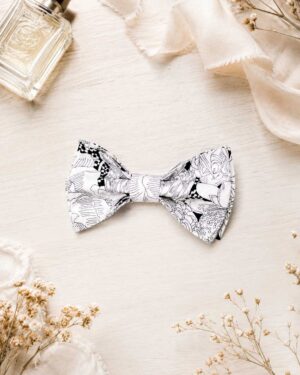 Noeud papillon pour homme Liberty english bloom, noir et blanc, mariage, made in France, fabriqué en Occitanie