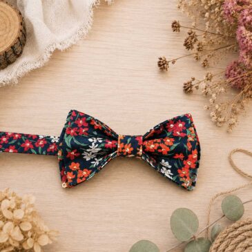 Noeud papillon pour homme Liberty sea blossom orange et bleu marine,mariage, made in France, , fabriqué en Occitanie