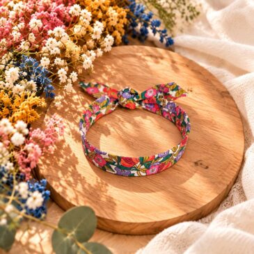 Mademoisellle Pap' et Cie Mariage, bijoux, bracelet femme, mariée, demoiselles d'honneur, invités, bracelet jonc fin en Liberty of London nectar tutti frutti orange et vert