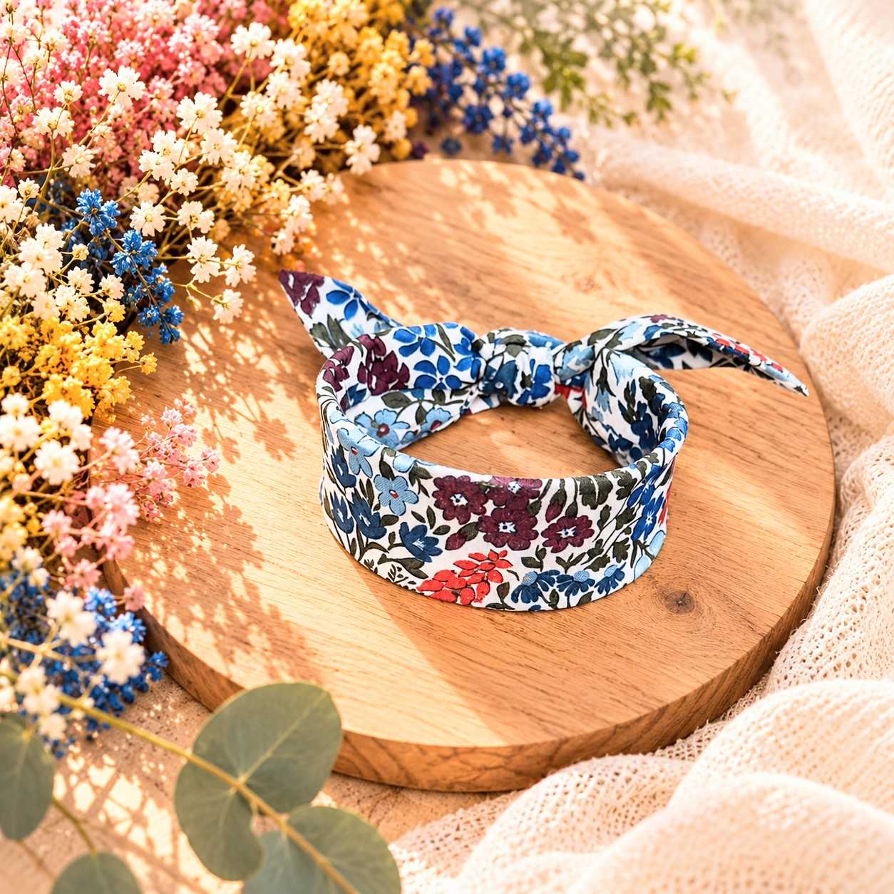 Mademoisellle Pap' et Cie Mariage, bijoux, bracelet femme, mariée, demoiselles d'honneur, invités, bracelet jonc large en Liberty of London sweet may blue red , bleu et rouge