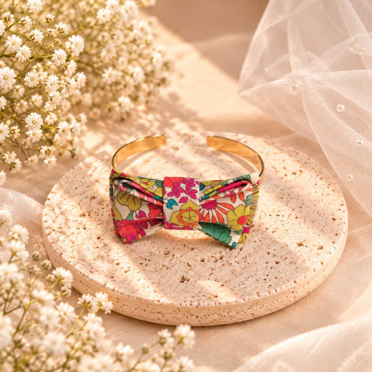 Mademoisellle Pap' et Cie Mariage, bijoux, bracelet femme, mariée, demoiselles d'honneur, invités, bracelet noeud papillon sur jonc 24 carats en Liberty of London margaret annie pink, rouge et vert