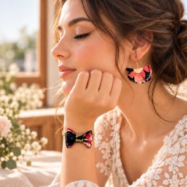 Mademoisellle Pap' et Cie Mariage, bijoux, bracelet femme, mariée, demoiselles d'honneur, invités, bracelet noeud papillon sur jonc 24 carats en Liberty of London pavillion spot cedre noir, rose et pois or