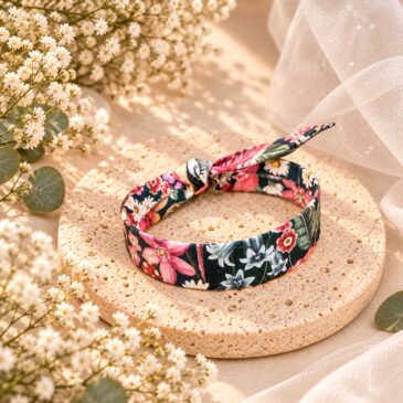 Mademoisellle Pap' et Cie Mariage, bijoux, bracelet femme, mariée, demoiselles d'honneur, invités, bracelet jonc fin à nouer en Liberty of London curios land noir et rose