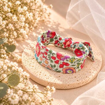 Mademoisellle Pap' et Cie Mariage, bijoux, bracelet femme, mariée, demoiselles d'honneur, invités, bracelet noeud jonc large en Liberty of London d'anjo summer, rouge, violet et vert