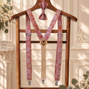 Noeud papillon et bretelles pour homme Liberty aubrey forest grenat vintage, mariage, made in France, fabriqué en Occitanie