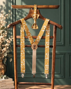 Noeud papillon et bretelles pour homme Liberty capel jaune moutarde, mariage, made in France, fabriqué en Occitanie