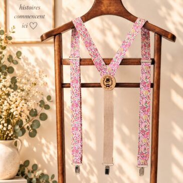 bretelles pour homme Liberty emma and georgina hibiscus rose, mariage, made in France, fabriqué en Occitanie