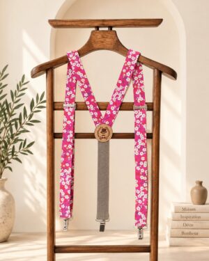 bretelles pour homme Liberty mitsi hibiscus rouge japonnisant, mariage, made in France, fabriqué en Occitanie
