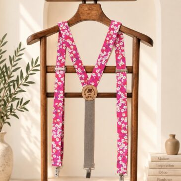 bretelles pour homme Liberty mitsi hibiscus rouge japonnisant, mariage, made in France, fabriqué en Occitanie