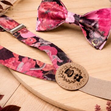Noeud papillon et bretelles pour homme Liberty Myrtle and Mary Fusion, rose et brun, mariage, made in France, fabriqué en Occitanie