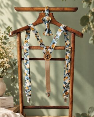 Noeud papillon et bretelles pour homme Liberty nysa blue stone, bleu jaune, vintage, mariage, made in France, fabriqué en Occitanie