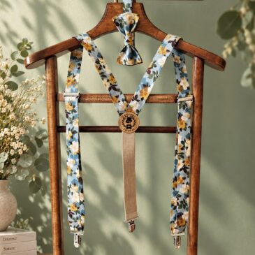 Noeud papillon et bretelles pour homme Liberty nysa blue stone, bleu jaune, vintage, mariage, made in France, fabriqué en Occitanie