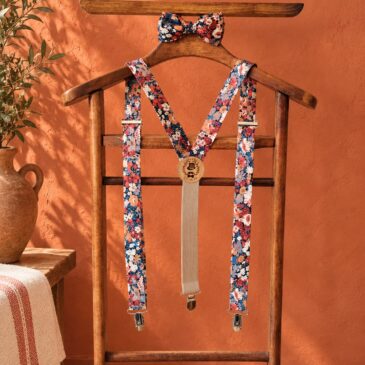 Noeud papillon et bretelles pour homme Liberty thorpe rouille, terracotta et marine, mariage, made in France, fabriqué en Occitanie