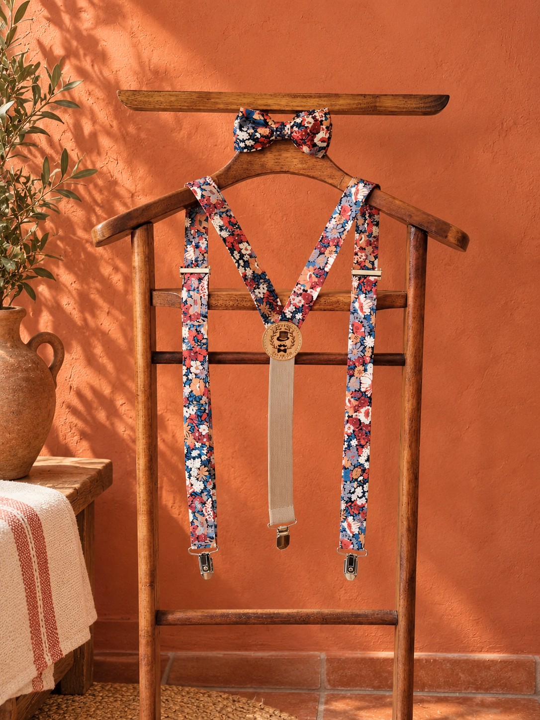 Noeud papillon et bretelles pour homme Liberty thorpe rouille, terracotta et marine, mariage, made in France, fabriqué en Occitanie