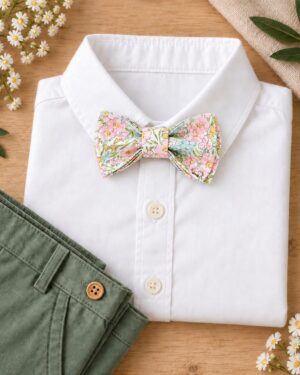 noeud papillon enfant mariage baptême, anniversaire, communion en liberty swirling petal pastel, rose pale et vert sauge