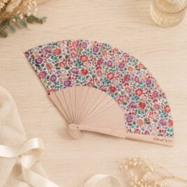 Éventail bois en Liberty D'Anjo summer, violet rouge, pour mariage, la mariée, demoiselle d'honneurs, invités