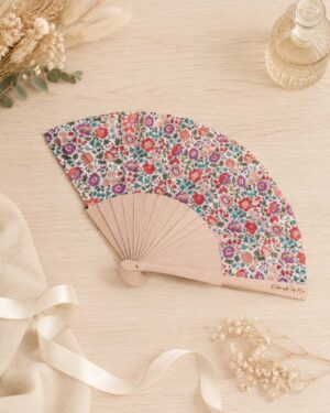 Éventail bois en Liberty D'Anjo summer, violet rouge, pour mariage, la mariée, demoiselle d'honneurs, invités