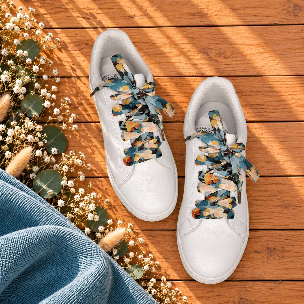 lacets baskets, converses, sneakers, docs mariage made in france en liberty of london nysa blue stone, bleu, jaune vintage
