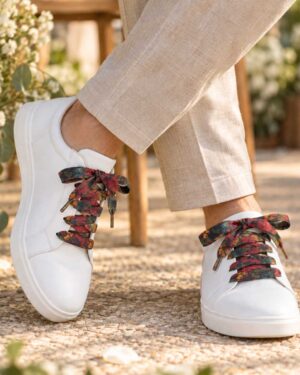 lacets baskets, converses, sneakers, docs mariage made in france en liberty of london heritage garden automne, rouge et vert